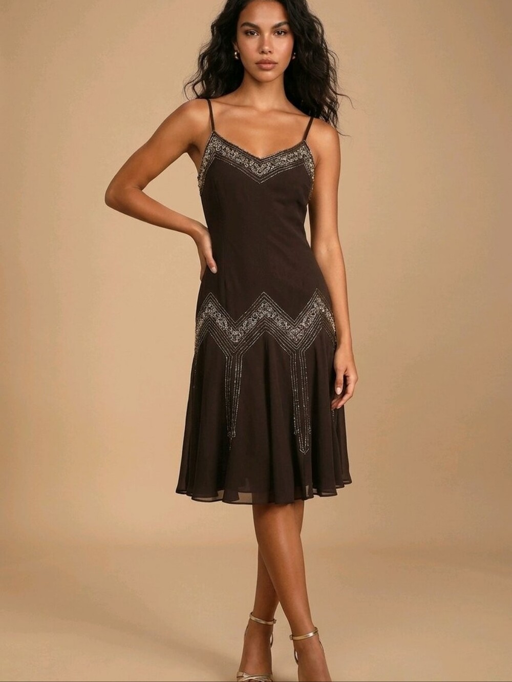 J Kara Brown Slip Dress with Gold Beaded Accents